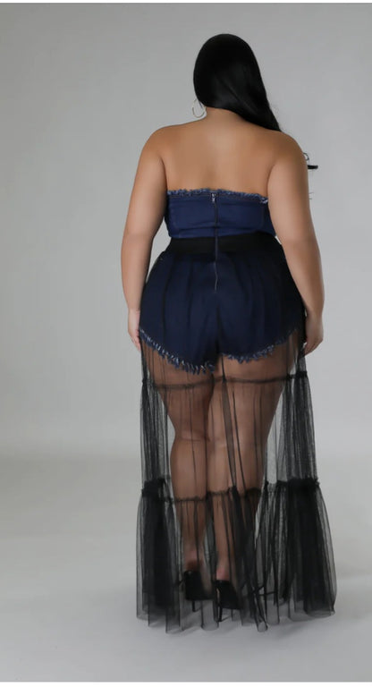 Denim Tube Romper W/Tulle Skirt