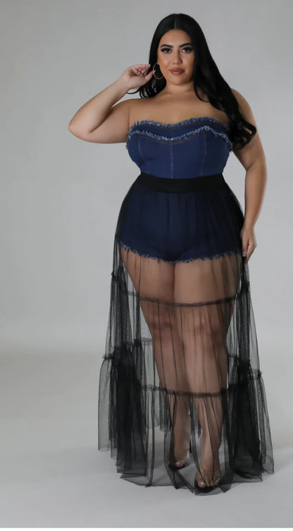 Denim Tube Romper W/Tulle Skirt